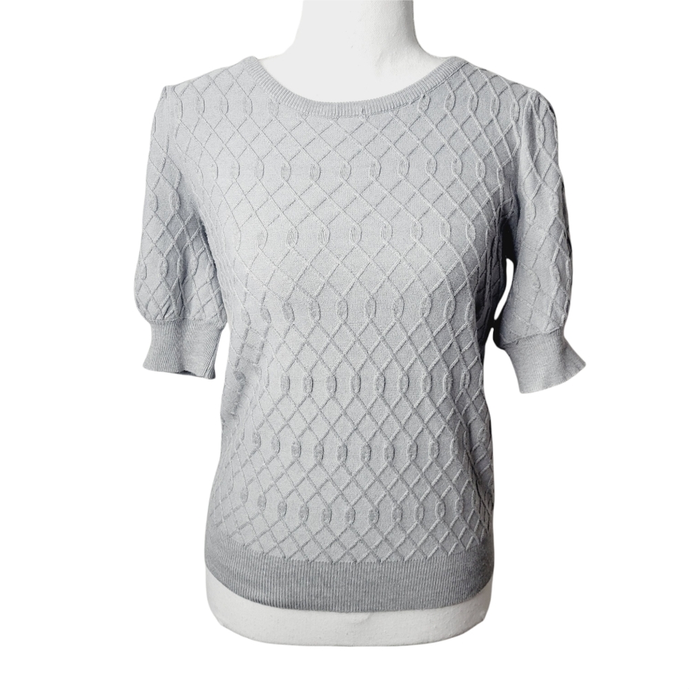 TAHARI Puff Sleeve Gray Sweater with Diamond Knit Pattern Size Small